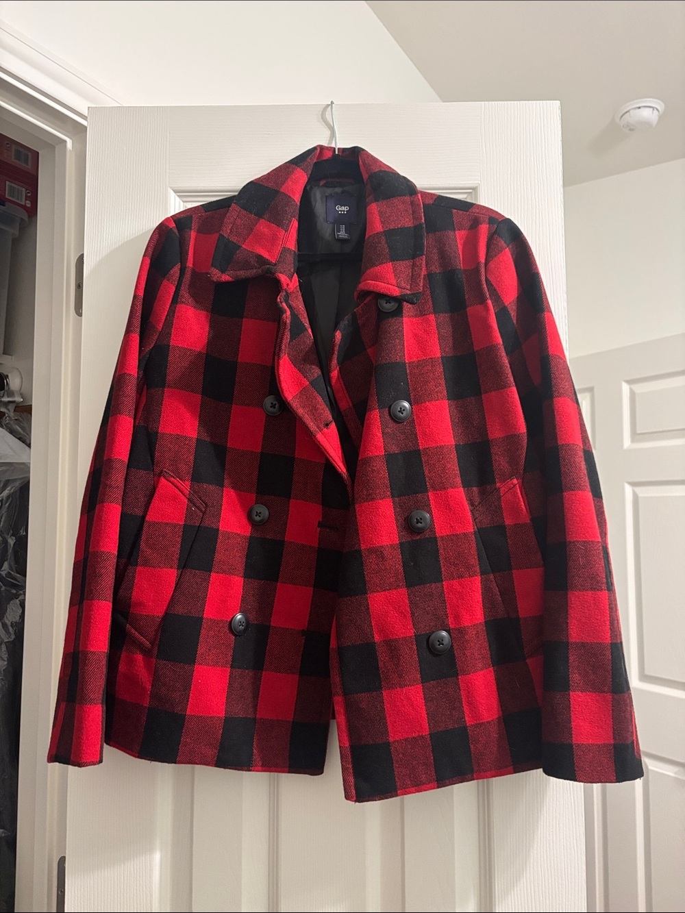 GAP Red and Black Plaid Double-Breasted Peacoat